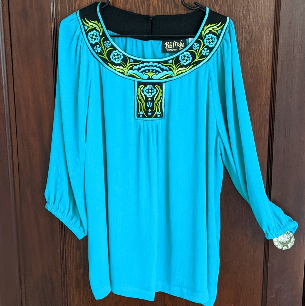 Bob Mackie Wearable Art Emborderied Flowy Seafoam Green 3/4 Sleeve Top Size XL